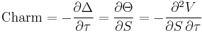 \text{Charm} =- \frac{\partial \Delta}{\partial \tau} = \frac{\partial \Theta}{\partial S} = -\frac{\partial^2 V}{\partial S \, \partial \tau}