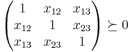 \begin{pmatrix}
  1 & x_{12} & x_{13} \\
  x_{12} & 1 & x_{23} \\
  x_{13} & x_{23} & 1
\end{pmatrix} \succeq 0