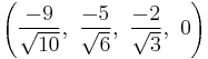 \left(\frac{-9}{\sqrt{10}},\ \frac{-5}{\sqrt{6}},\  \frac{-2}{\sqrt{3}},\ 0\right)