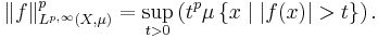 \|f\|_{L^{p,\infty}(X,\mu)}^p = \sup_{t>0}\left(t^p\mu\left\{x\mid |f(x)|>t\right\}\right).