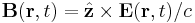  \mathbf{B} ( \mathbf{r} , t ) = \hat { \mathbf{z} } \times \mathbf{E} ( \mathbf{r} , t )/c   