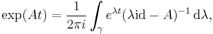 \exp (At) = \frac1{2 \pi i} \int_{\gamma} e^{\lambda t} ( \lambda \mathrm{id} - A )^{-1} \, \mathrm{d} \lambda,