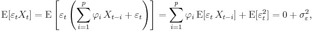 \operatorname{E}[\varepsilon_t X_{t}]
= \operatorname{E}\left[\varepsilon_t \left(\sum_{i=1}^p \varphi_i\,X_{t-i}%2B \varepsilon_t\right)\right]
= \sum_{i=1}^p \varphi_i\, \operatorname{E}[\varepsilon_t\,X_{t-i}] %2B \operatorname{E}[\varepsilon_t^2]
= 0 %2B \sigma_\varepsilon^2,
