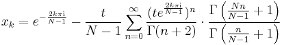 
x_k = e^{-\frac{2k\pi {\rm{i}}}{N -1}} - \frac{t}{N-1}\sum^\infty_{n=0}\frac{(te^{\frac{2k\pi {\rm{i}}}{N-1}})^n}{\Gamma(n %2B 2)}\cdot \frac{\Gamma\left(\frac{Nn}{N-1} %2B 1\right)}{\Gamma\left(\frac{n}{N-1} %2B 1\right)} 