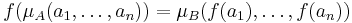 f(\mu_A(a_1, \ldots, a_n)) = \mu_B(f(a_1), \ldots, f(a_n))\,