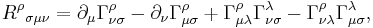  {R^\rho}_{\sigma\mu\nu} = \partial_\mu\Gamma^\rho_{\nu\sigma}
    - \partial_\nu\Gamma^\rho_{\mu\sigma}
    %2B \Gamma^\rho_{\mu\lambda}\Gamma^\lambda_{\nu\sigma}
    - \Gamma^\rho_{\nu\lambda}\Gamma^\lambda_{\mu\sigma},