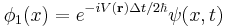  \phi_{1}(x) = e^{-i V(\mathbf{r}) \Delta t / 2 \hbar}\psi(x,t) 