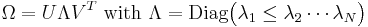 \Omega = U\Lambda V^T\text{ with }\Lambda = \operatorname{Diag} \big ( \lambda_1 \le \lambda_2 \cdots \lambda_N \big ) \,