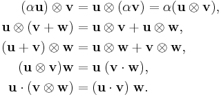 
\begin{align}
  (\alpha \mathbf{u}) \otimes \mathbf{v} &= \mathbf{u} \otimes (\alpha \mathbf{v}) = \alpha (\mathbf{u} \otimes \mathbf{v}), \\
  \mathbf{u} \otimes (\mathbf{v} %2B \mathbf{w}) &= \mathbf{u} \otimes \mathbf{v} %2B \mathbf{u} \otimes \mathbf{w}, \\
  (\mathbf{u} %2B \mathbf{v}) \otimes \mathbf{w} &= \mathbf{u} \otimes \mathbf{w} %2B \mathbf{v} \otimes \mathbf{w}, \\
  (\mathbf{u} \otimes \mathbf{v}) \mathbf{w} &= \mathbf{u}\; (\mathbf{v} \cdot \mathbf{w}), \\ 
  \mathbf{u} \cdot (\mathbf{v} \otimes \mathbf{w}) &= (\mathbf{u} \cdot \mathbf{v})\; \mathbf{w}.
\end{align}
