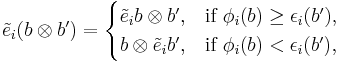 \tilde{e}_i (b \otimes b') = \begin{cases} \tilde{e}_i b \otimes b', & \text{if }\phi_i(b) \ge \epsilon_i(b'), \\ b \otimes \tilde{e}_i b', & \text{if }\phi_i(b) < \epsilon_i(b'), \end{cases}