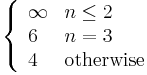 \left\{\begin{array}{ll}\infty & n \le 2\\ 6 & n = 3\\ 4 & \text{otherwise}\end{array}\right.