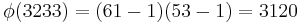 \phi(3233) = (61 - 1)(53 - 1) = 3120