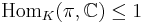  \mathrm{Hom}_K(\pi, \mathbb{C}) \leq 1 