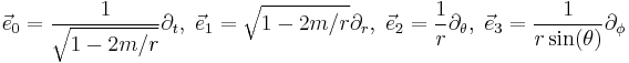  \vec{e}_0 = \frac{1}{\sqrt{1-2m/r}} \partial_t, \; \vec{e}_1 = \sqrt{1-2m/r} \partial_r, \; \vec{e}_2 = \frac{1}{r} \partial_\theta, \; \vec{e}_3 = \frac{1}{r \sin(\theta)} \partial_\phi