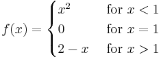 f(x)=\begin{cases}x^2 & \mbox{ for } x< 1 \\ 0 & \mbox { for } x=1 \\ 2-x&  \mbox{ for }  x>1\end{cases}