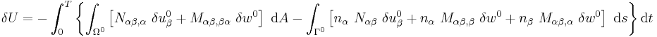 
  \delta U = - \int_0^T \left\{\int_{\Omega^0} \left[N_{\alpha\beta,\alpha}~\delta u^0_{\beta} 
    %2B M_{\alpha\beta,\beta\alpha}~\delta w^0\right]~\mathrm{d}A
  - \int_{\Gamma^0} \left[n_\alpha~N_{\alpha\beta}~\delta u^0_{\beta} 
    %2B n_\alpha~M_{\alpha\beta,\beta}~\delta w^0
    %2B n_\beta~M_{\alpha\beta,\alpha}~\delta w^0\right]~\mathrm{d}s \right\}\mathrm{d}t
