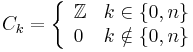 C_k = \left\{
\begin{array}{lr}
\mathbb Z & k \in \{0,n\} \\
0 & k \notin \{0,n\}
\end{array}
\right.