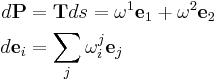 
\begin{align}
d\mathbf{P} & = \mathbf{T} ds = \omega^1\mathbf{e}_1%2B\omega^2\mathbf{e}_2\\
d\mathbf{e}_i & = \sum_j \omega^j_i\mathbf{e}_j
\end{align}
