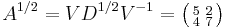 A^{1/2} = V D^{1/2} V^{-1} = \bigl( \begin{smallmatrix}\\ 5&2\\ 4&7\end{smallmatrix} \bigr)