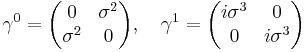 \gamma^0 = \begin{pmatrix} 0 & \sigma^2 \\ \sigma^2 & 0 \end{pmatrix}, \quad \gamma^1 = \begin{pmatrix} i\sigma^3 & 0 \\ 0 & i\sigma^3 \end{pmatrix}