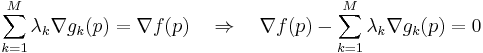 \sum_{k=1}^M  \lambda_k \nabla g_k (p) = \nabla f(p) \quad \Rightarrow \quad \nabla f(p) -  \sum_{k=1}^M {\lambda_k \nabla g_k (p)} = 0