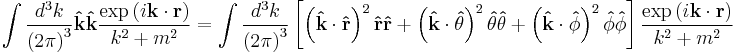   \int { d^3 k \over \left ( 2 \pi \right ) ^3 }  \mathbf{\hat k} \mathbf{\hat k}
 { \exp \left ( i\mathbf k \cdot \mathbf r \right ) \over k^2 %2Bm^2 } 
=
\int { d^3 k \over \left ( 2 \pi \right ) ^3 } 
\left[
\left( \mathbf{\hat k}\cdot \mathbf{\hat r}\right)^2\mathbf{\hat r} \mathbf{\hat r}
%2B \left( \mathbf{\hat k}\cdot \mathbf{\hat \theta}\right)^2\mathbf{\hat \theta} \mathbf{\hat \theta}
%2B \left( \mathbf{\hat k}\cdot \mathbf{\hat \phi}\right)^2\mathbf{\hat \phi} \mathbf{\hat \phi}
\right]
 { \exp \left ( i\mathbf k \cdot \mathbf r \right ) \over k^2 %2Bm^2 } 

