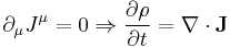 \partial_\mu J^\mu = 0 \Rightarrow \frac{\partial \rho}{\partial t} = \nabla\cdot\bold{J} \, 