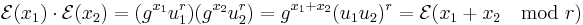 \mathcal{E}(x_1) \cdot \mathcal{E}(x_2) = (g^{x_1} u_1^r)(g^{x_2} u_2^r) = g^{x_1%2Bx_2} (u_1u_2)^r = \mathcal{E}(x_1 %2B x_2 \mod r )