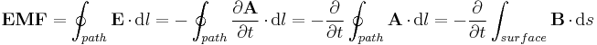 \mathbf{EMF} =  \oint_{path}  \mathbf{E}   \cdot {\rm d}l   =  -\oint_{path}  \frac { \partial \mathbf{A} } { \partial t } \cdot {\rm d}l  =   -\frac { \partial  } { \partial t }  \oint_{path} \mathbf{A}\cdot {\rm d}l  =   -\frac { \partial  } { \partial t }  \int_{surface} \mathbf{B}\cdot {\rm d}s  