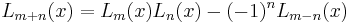 L_{m%2Bn}(x)=L_m(x)L_n(x)-(-1)^nL_{m-n}(x)\,