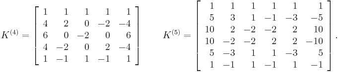 
K^{(4)}=\left [ \begin{array}{rrrrr}
              1&1&1&1&1\\
              4&2&0&-2&-4\\
              6&0&-2&0&6\\
              4&-2&0&2&-4\\
              1&-1&1&-1&1
\end{array}\right ] 
\qquad
K^{(5)}=\left [ \begin{array}{rrrrrr}
                1&  1& 1& 1& 1& 1\\
                5&  3& 1&-1&-3&-5\\
               10&  2&-2&-2& 2& 10\\
               10& -2&-2& 2& 2&-10\\
                5& -3& 1& 1&-3&5\\
                1& -1& 1&-1& 1&-1
\end{array}\right ].
