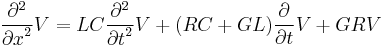 
\frac{\partial^2}{{\partial x}^2} V =
L C \frac{\partial^2}{{\partial t}^2} V %2B
(R C %2B G L) \frac{\partial}{\partial t} V %2B G R V
