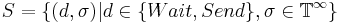 S=\{(d,\sigma)| d \in \{Wait,Send\}, \sigma \in \mathbb{T}^\infty\}\, 