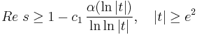  Re \ s \ge 1 - c_{1}\,\frac{\alpha(\ln |t|)}{\ln\ln |t|},\quad |t|\ge e^{2} 