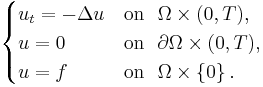 \begin{cases} u_{t} = -\Delta u & \textrm{on} \ \ \Omega \times (0,T), \\ u=0 & \textrm{on} \ \ \partial\Omega \times (0,T), \\ u = f & \textrm{on} \ \ \Omega \times \left \{ 0 \right \}. \end{cases} 