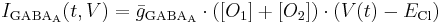 I_\mathrm{GABA_A}(t,V) = \bar{g}_\mathrm{GABA_A} \cdot ([O_1]%2B[O_2]) \cdot (V(t)-E_\mathrm{Cl})