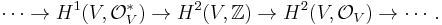 \cdots\to H^1(V, \mathcal O_V^*)\to H^2(V, \mathbb Z)\to H^2(V,\mathcal O_V)\to \cdots.