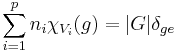 \sum_{i=1}^p n_i \chi_{V_i}(g)=|G|\delta_{ge}