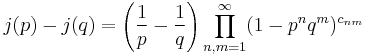 j(p)-j(q) = \left({1 \over p} - {1 \over q}\right) \prod_{n,m=1}^\infty (1-p^n q^m)^{c_{nm}}