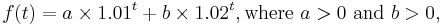 f(t) = a\times1.01^t %2B b\times1.02^t, \mbox{where}~a > 0 \mbox{ and } b > 0,