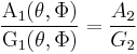 \frac{\mathrm{A_{1}}(\theta,\Phi)}{\mathrm{G_{1}}(\theta,\Phi)} = \frac{A_{2}}{G_{2}}