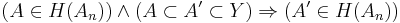 (A \in H(A_n)) \land (A \subset A' \subset Y) \Rightarrow (A' \in H(A_n))