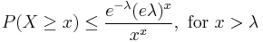  P(X \geq x) \leq \frac{e^{-\lambda} (e \lambda)^x}{x^x}, \text{ for } x > \lambda 