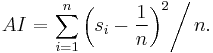 AI=\left.\sum_{i=1}^n  \left(s_i- {1 \over n}\right)^2 \right/n.