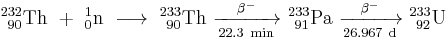 \mathrm{^{232}_{\ 90}Th \ %2B \ ^{1}_{0}n \ \longrightarrow \ ^{233}_{\ 90}Th \ \xrightarrow[22.3\ min]{\beta^-} \ ^{233}_{\ 91}Pa \ \xrightarrow[26.967\ d]{\beta^-} \ ^{233}_{\ 92}U}