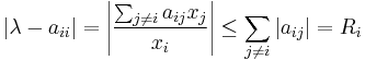  |\lambda - a_{ii}| = \left|\frac{\sum_{j\ne i} a_{ij} x_j}{x_i}\right| \le \sum_{j\ne i} |a_{ij}| = R_i