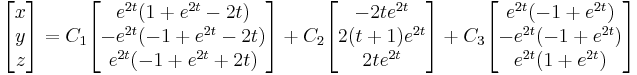 \begin{bmatrix}x \\y \\ z\end{bmatrix}=
C_1\begin{bmatrix}e^{2t}(1%2Be^{2t}-2t) \\-e^{2t}(-1%2Be^{2t}-2t)\\e^{2t}(-1%2Be^{2t}%2B2t)\end{bmatrix}
%2BC_2\begin{bmatrix}-2te^{2t}\\2(t%2B1)e^{2t}\\2te^{2t}\end{bmatrix}
%2BC_3\begin{bmatrix}e^{2t}(-1%2Be^{2t})\\-e^{2t}(-1%2Be^{2t})\\e^{2t}(1%2Be^{2t})\end{bmatrix}