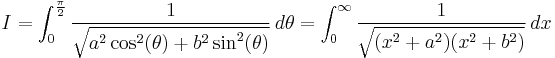 I = \int _0^{\frac{\pi}{2}}\frac{1}{\sqrt{a^2 \cos^2(\theta) %2B b^2 \sin^2(\theta)}} \, d \theta = \int _0^\infty \frac{1}{\sqrt{(x^2 %2B a^2) (x^2 %2B b^2)}} \, dx