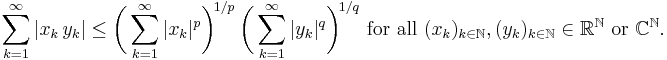 \sum\limits_{k=1}^{\infty} |x_k\,y_k| \le \biggl( \sum_{k=1}^{\infty} |x_k|^p \biggr)^{\!1/p\;} \biggl( \sum_{k=1}^{\infty} |y_k|^q \biggr)^{\!1/q}
\text{ for all }(x_k)_{k\in\mathbb N}, (y_k)_{k\in\mathbb N}\in\mathbb{R}^{\mathbb N}\text{ or }\mathbb{C}^{\mathbb N}.