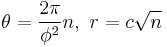 \theta = \frac{2\pi}{\phi^2} n,\  r = c \sqrt{n}